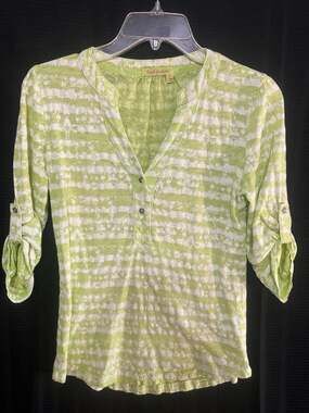Fresh Produce Green and White Textured Striped Notch Neck 3/4 Sleeve Blouse